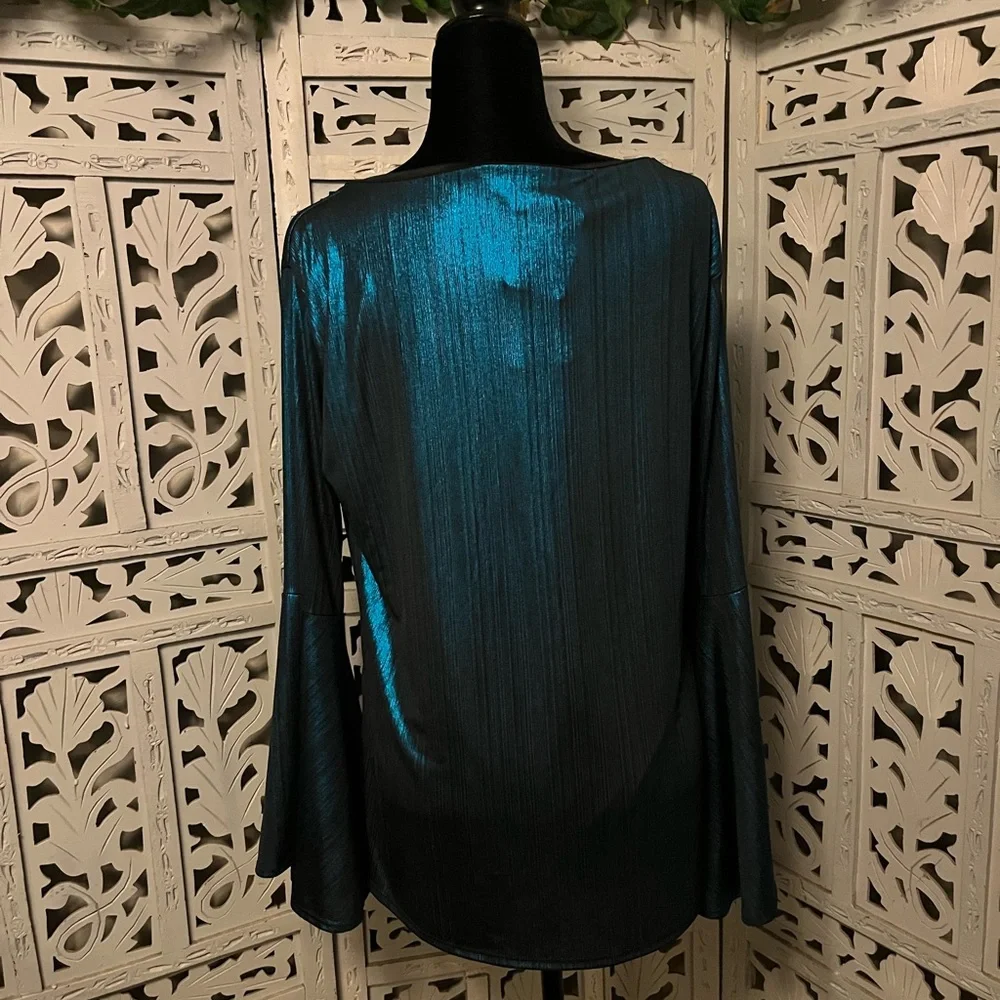 NWT! LUCKY & BLESSED GORGEOUS BOUTIQUE METALLIC TURQ BLUE LONG BELL SLEEVES TOP - Picture 7 of 10